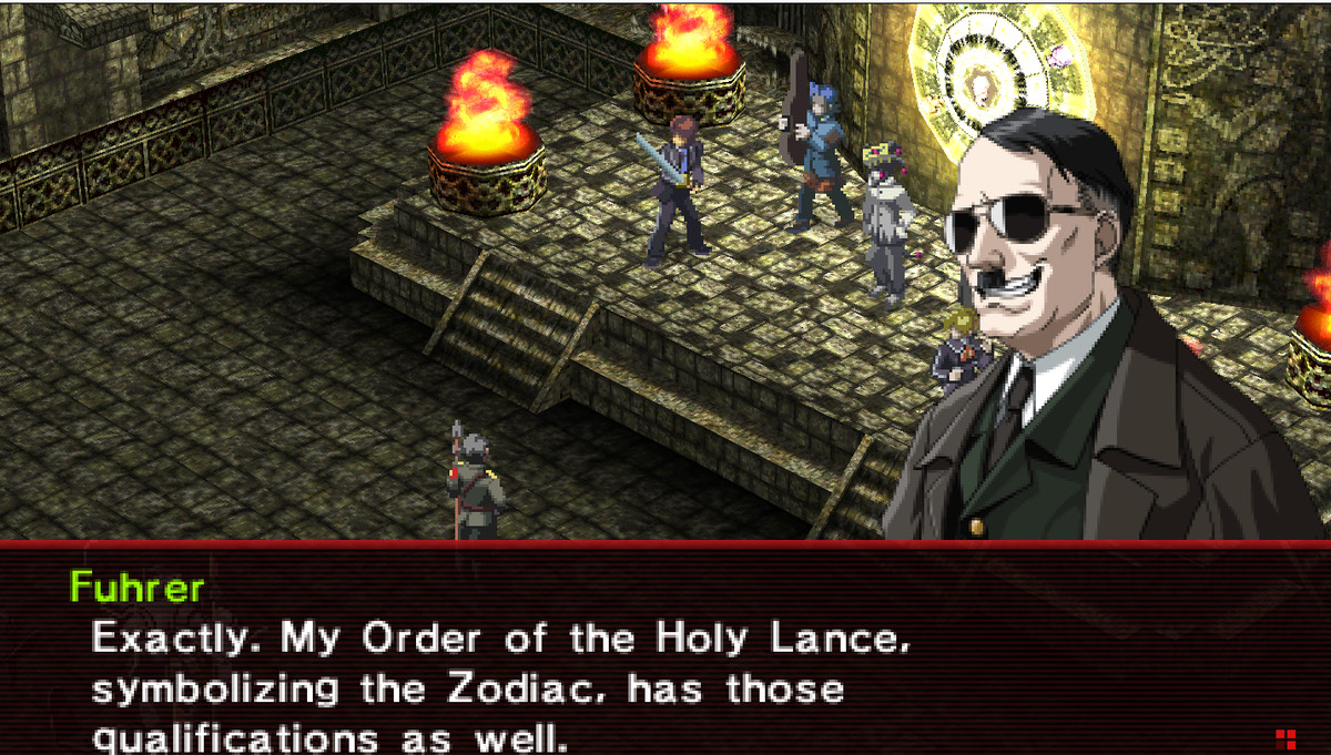 Adolf Hitler, in Persona 2: Innocent Sin, says “Exactly. My Order of the Holy Lance, symbolizing the Zodiac, has those qualifications as well.”