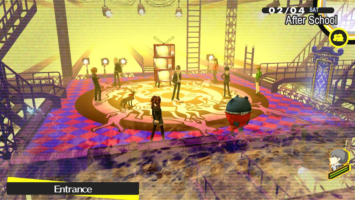 A group of teens gather around three stacked television in a golden room after school in Persona 4 Golden