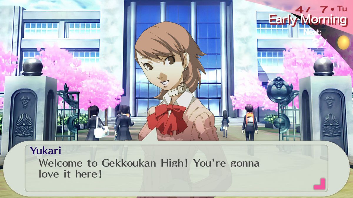 A dialogue box from Persona 3 Portable, as Yukari says “Welcome to Gekkoukan high! You’re gonna love it here!”