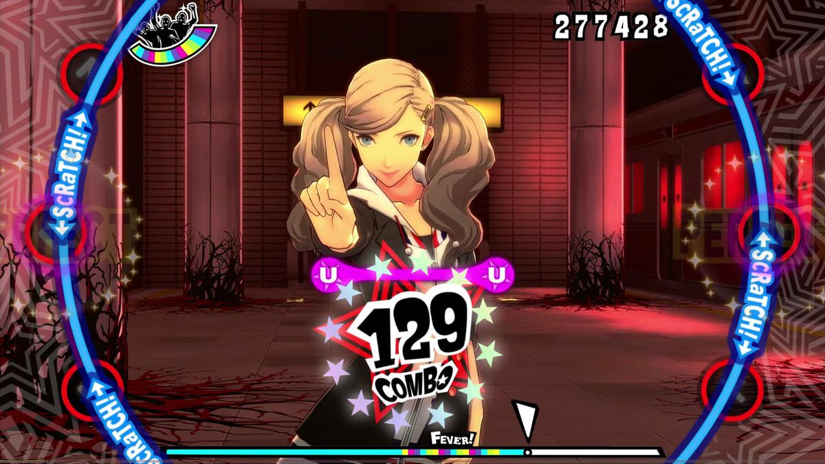 A young girl points her finger as prompts for dancing motions appear on the sides in Persona 5: Dancing in Starlight