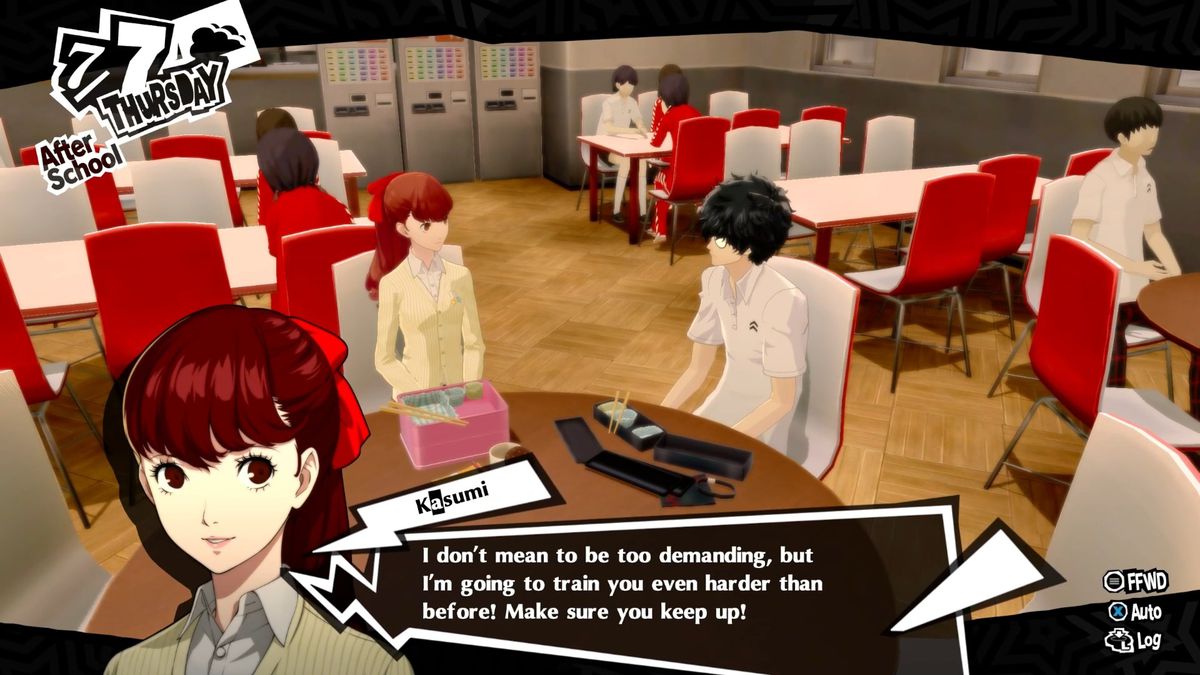 In Persona 5 Royal, two students talk at a table while eating. Kasumi says “I don’t mean to be too demanding, but I’m going to train you even harder than before! Make sure you keep up!”