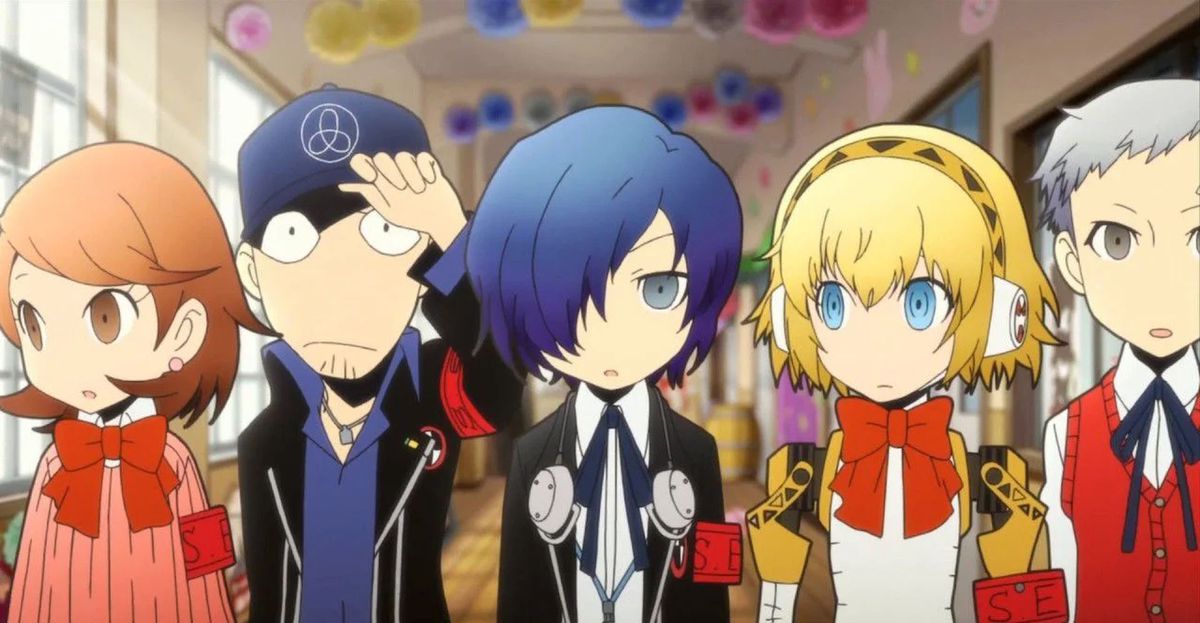 The cast of Persona Q: Shadow of the Labyrinth look stunned in the hallways of school