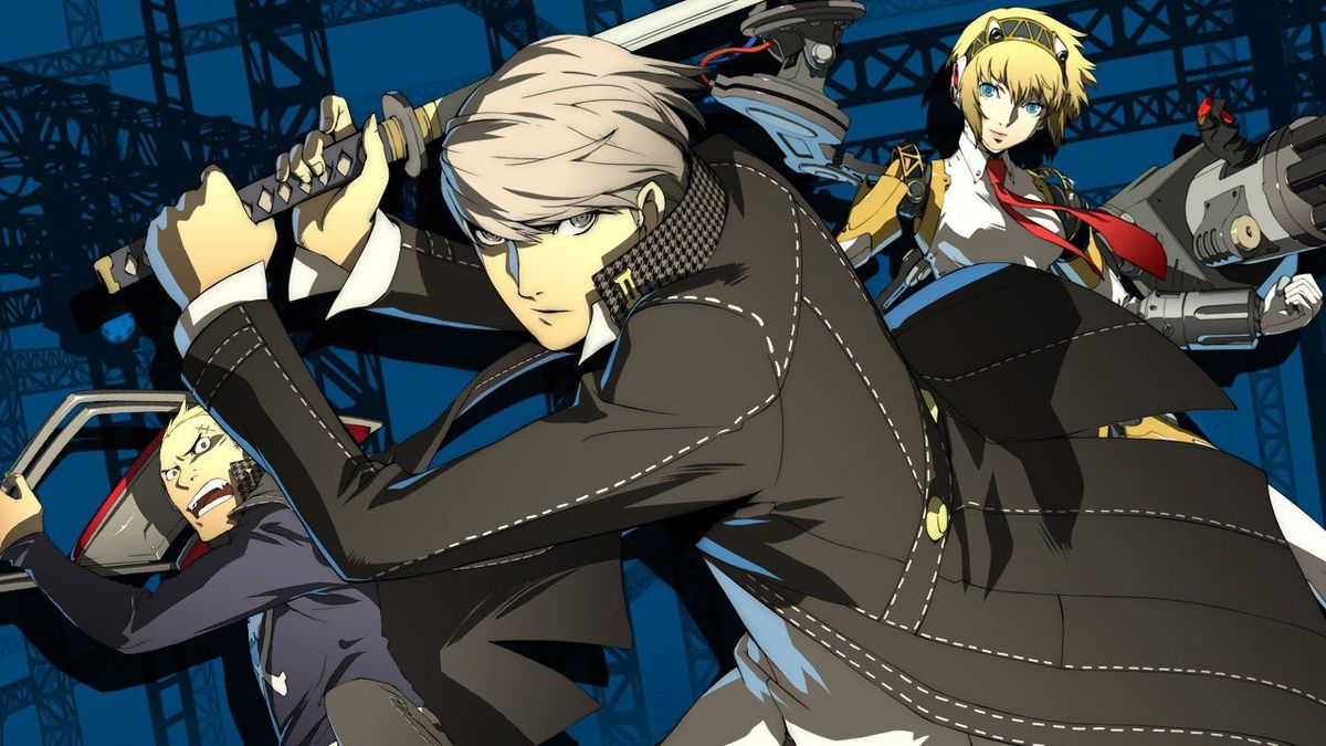 Three characters in Persona 4 arena approach the camera with weapons — a sword, a gun, and what looks like a chair.