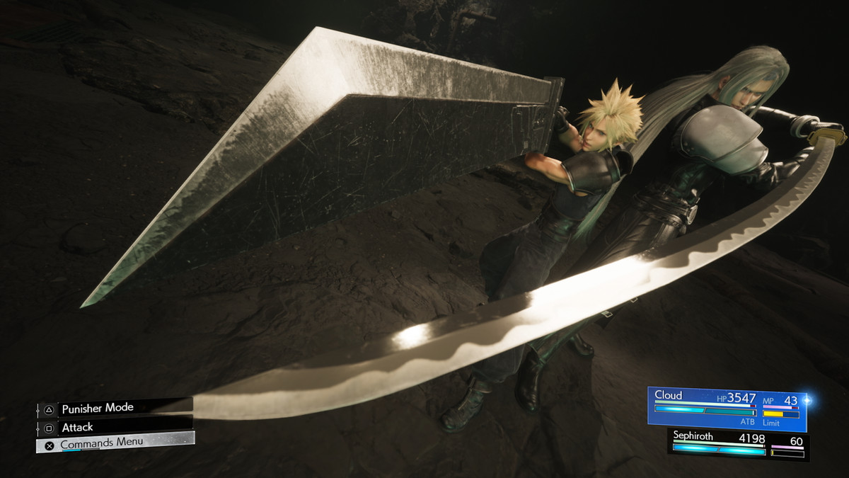 Cloud and Sephiroth pose back-to-back, about to launch into a combined move, with their huge sword blades curving into the camera, in Final Fantasy 7 Rebirth