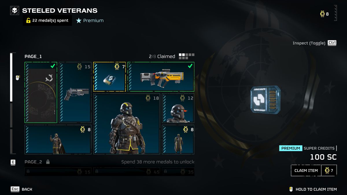The Steeled Veterans menu in Helldivers 2. This is the premium battle pass, which shows options for items like armor for 18 Medals or an assault rifle that’s already been claimed. Highlighted are 100 Super Credits for 7 Medals.