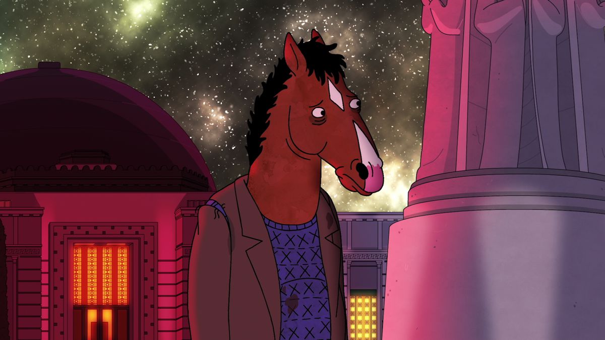 BoJack looking sad in front of the Griffith Observatory