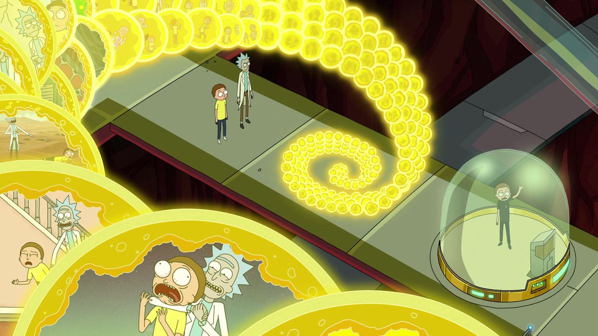 (L-R) Morty and Rick staring at a holographic projection of the multiverse with Evil Morty in Rick and Morty.
