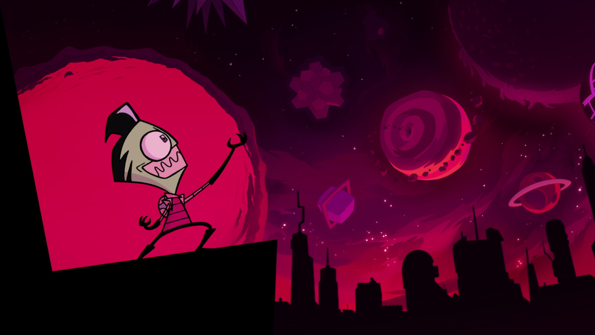 Tiny green alien Zim stands on a ledge. he is triumphant, raising his arm to the sky. Behind him is a red background filled with abstract planets.