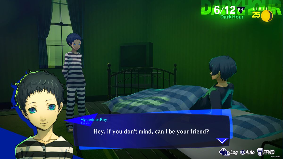 Mysterious Boy talks to a student in bed about the Death arcana Social Link in Persona 3 Reload.