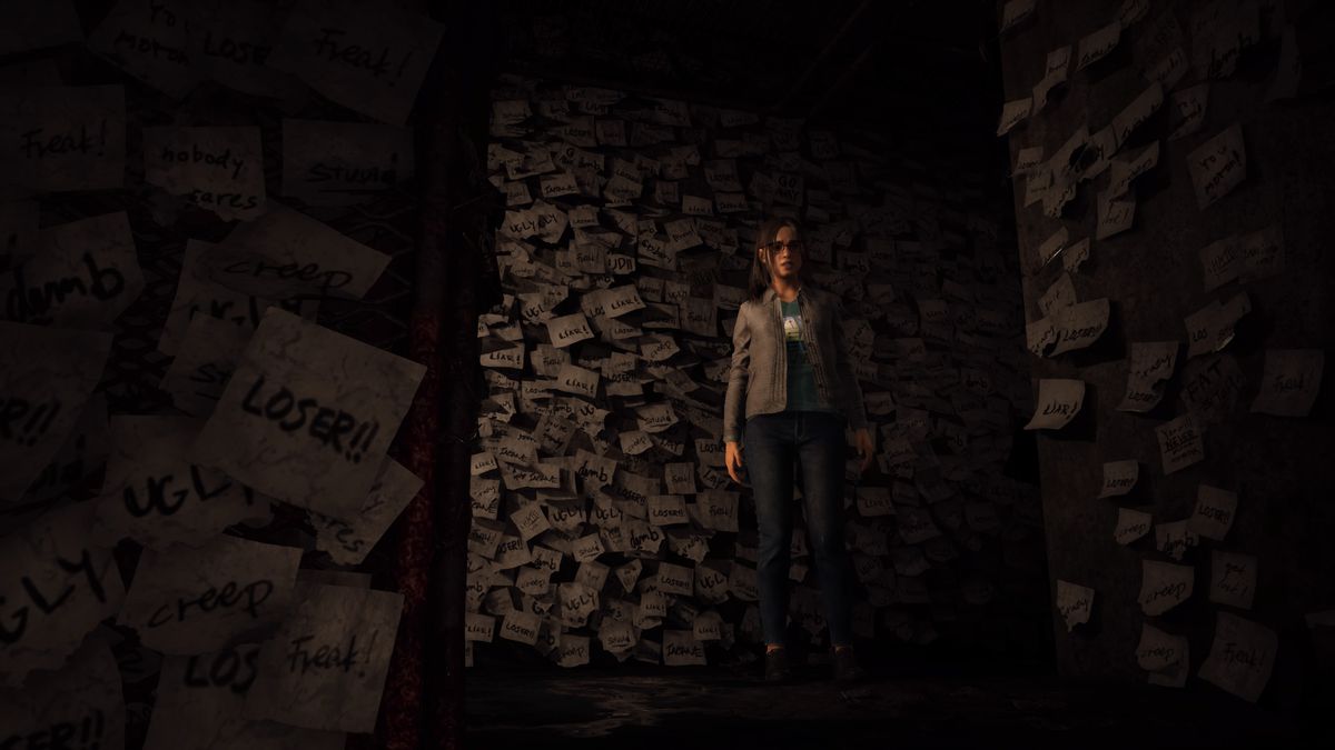 Anita staring forward in a hallway filled with notes that have insults on them like “Loser” in Silent Hill: The Short Message.