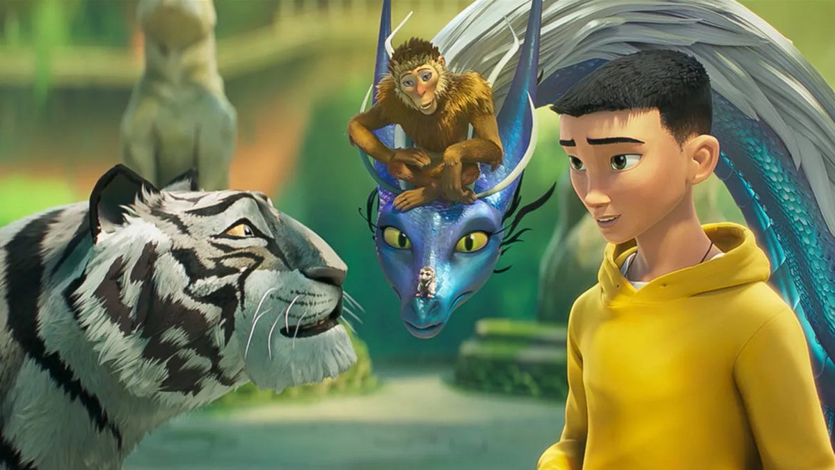 An animated black-striped tiger, a monkey sitting on the head of a serpent-like dragon, and a young boy in a yellow hoodie talking to one another.