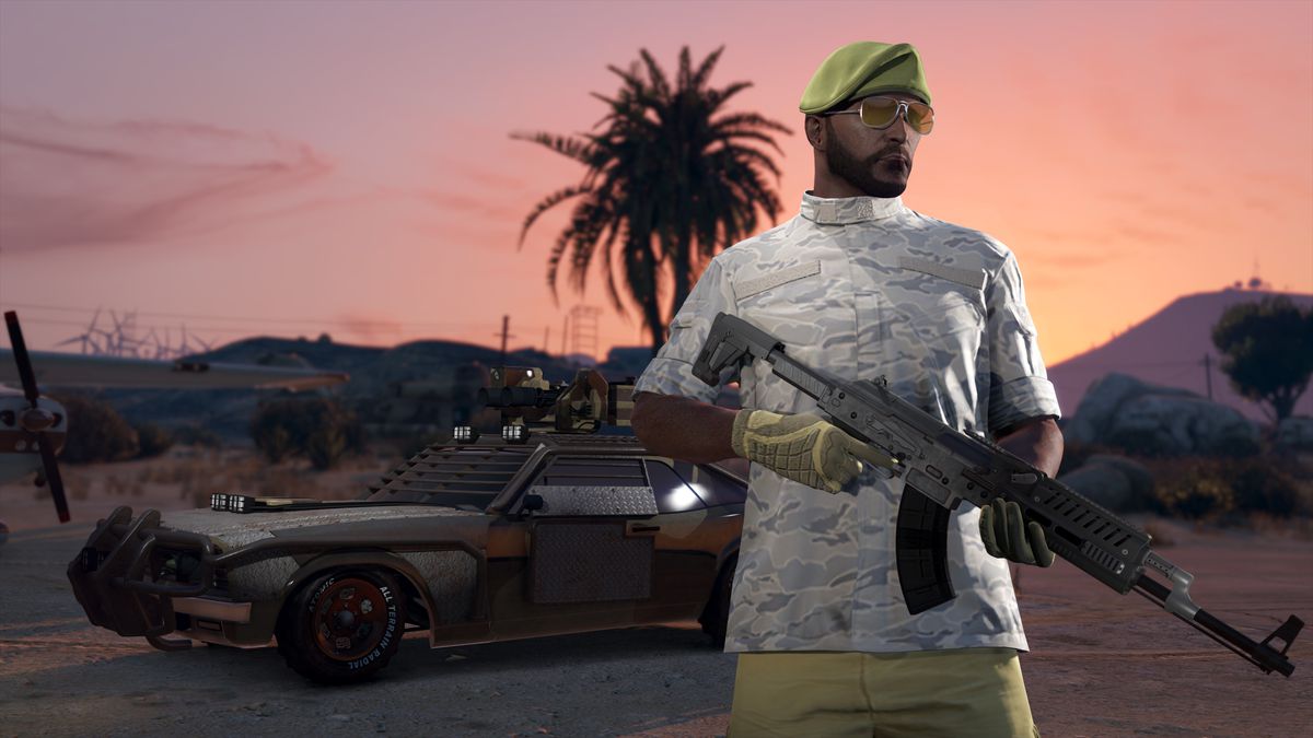 A GTA Online player poses with their neat rifle, standing next to a sunset sky with a palm tree and their expensive super car in the background.