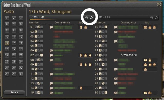 A housing ward list in FFXIV with the names blurred out
