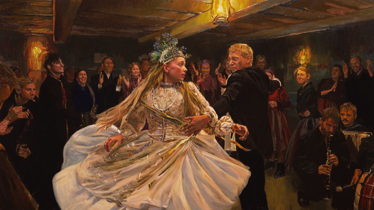 A painted shot of a woman in a white dress and floral crown dancing with a man in a room filled with people.