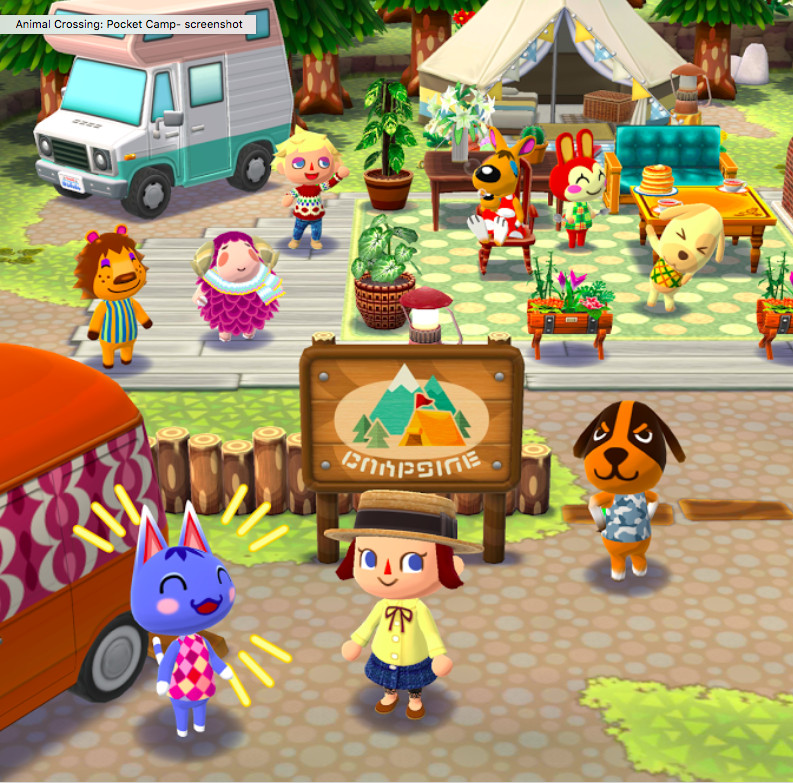 animal crossing pocket camp artwork, with villagers posing in front of a campground sign.
