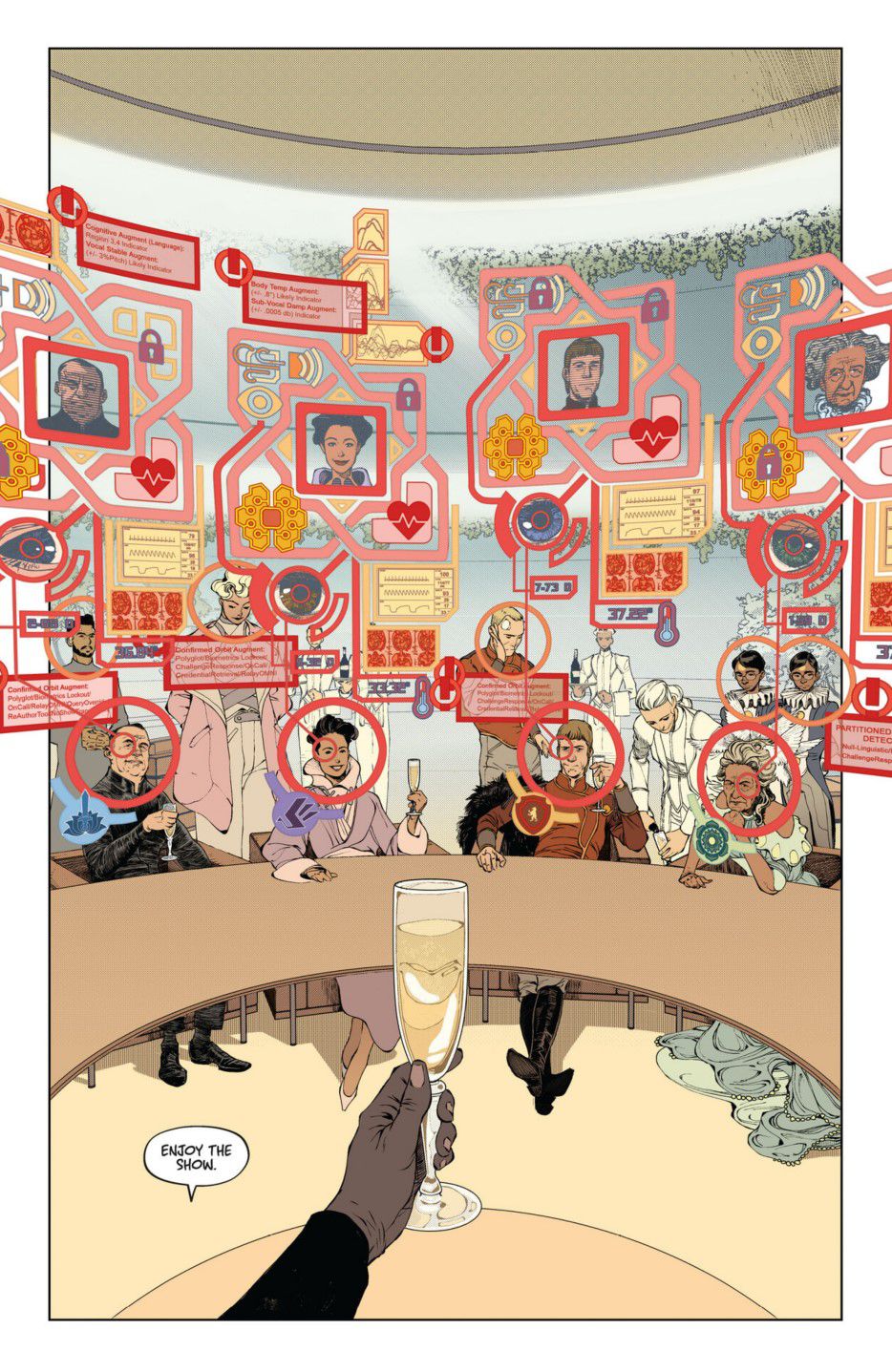 A full-page illustration from Dawnrunner #1, featuring a point-of-view shot of a man holding a champagne glass to a table of guests identified through an augmented reality heads-up display.