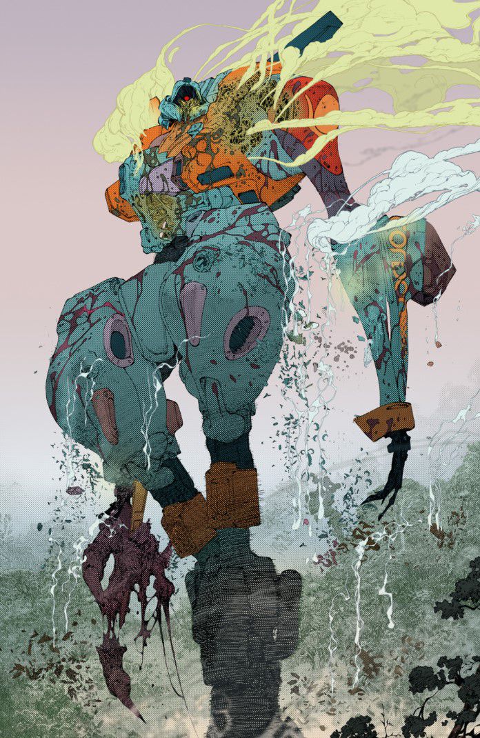 A full-page illustration of Dawnrunner, covered in acidic spray, holding the decapitated head of a Tetza.