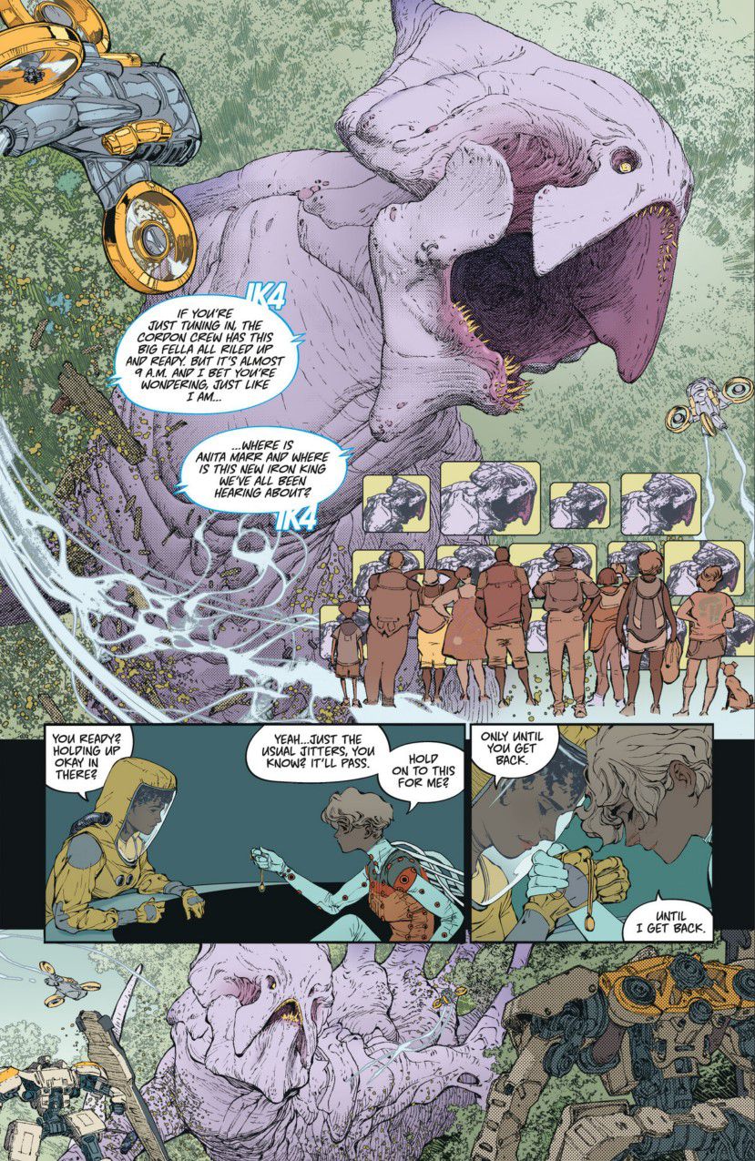 An interior page from Dawnrunner #1, depicting a news helicopter flying overhead of a Tetza creature being surrounded by a pair of Iron Kings.