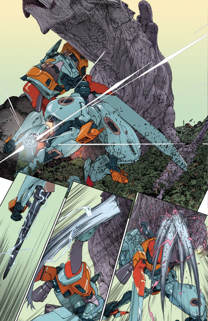 An interior page from Dawnrunner #1, depicting the Dawnrunner Iron King lifting up a Tetza and stabbing it with a wrist-mounted sword.
