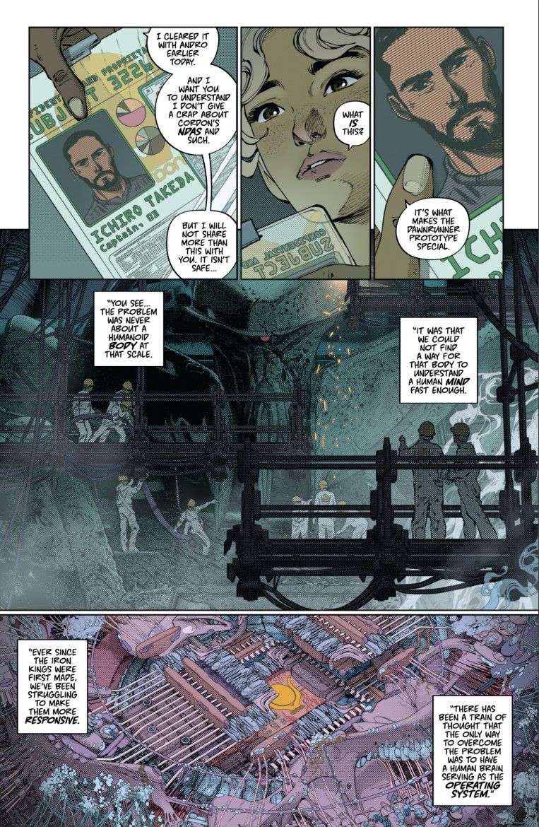 An interior page from Dawnrunner #2, featuring protagonist Anita Marr and maintenance crew performing repairs on Dawnrunner.
