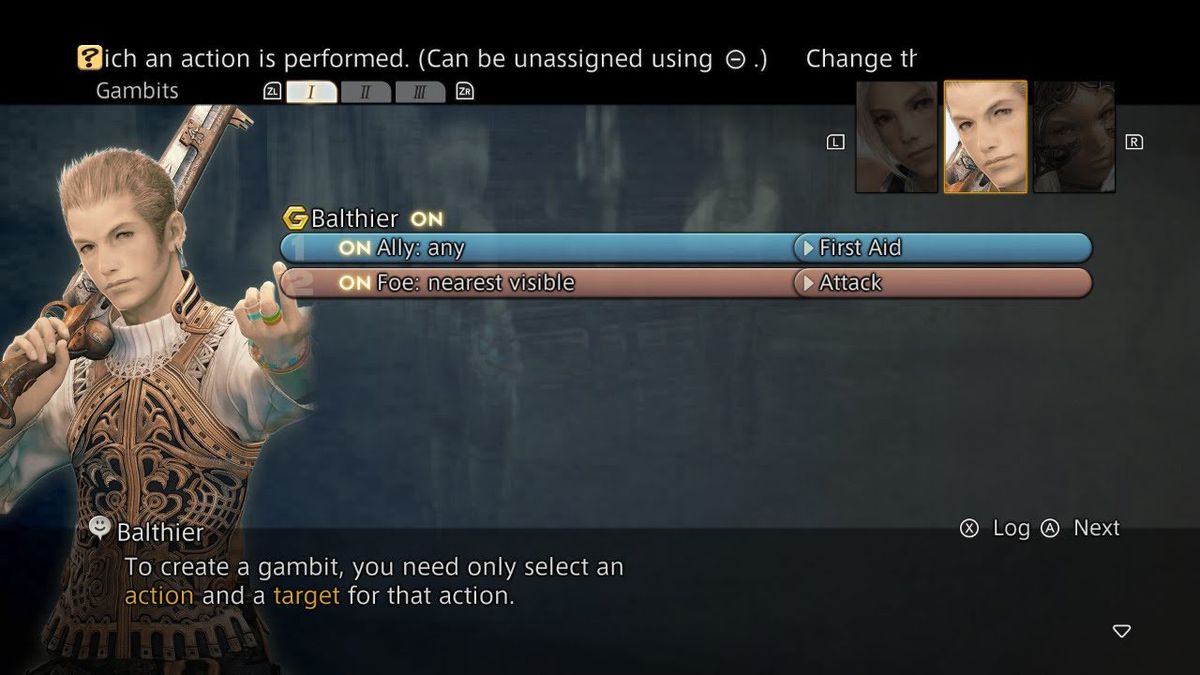 The Gambit tutorial screen in Final Fantasy 12, showing the commands “Ally: any, first aid” and “Foe: nearest visible, attack”