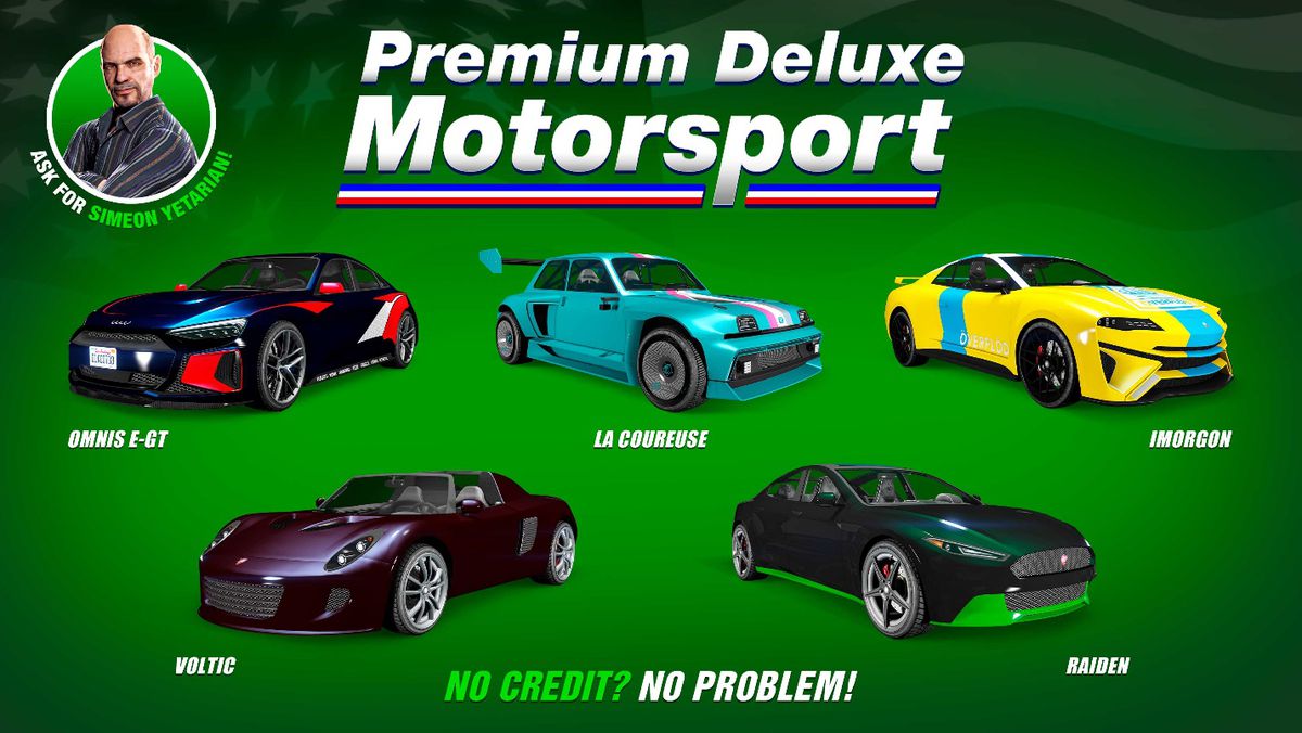 Key art shows five cars for sale in GTA Online.