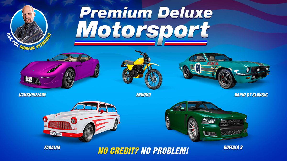 GTA Online promo art for vehicles for sale at Premium Deluxe Motorsports this week.