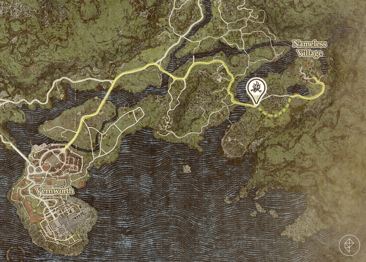 Dragon’s Dogma 2 map showing the route (and detour) to the Nameless Village.