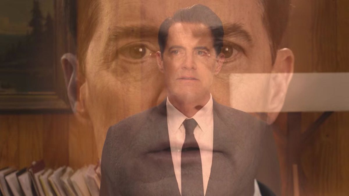 The image of FBI Special Agent Dale Cooper (Kyle MacLachlan) superimposed on the face of Dale Cooper in Twin Peaks: The Return.