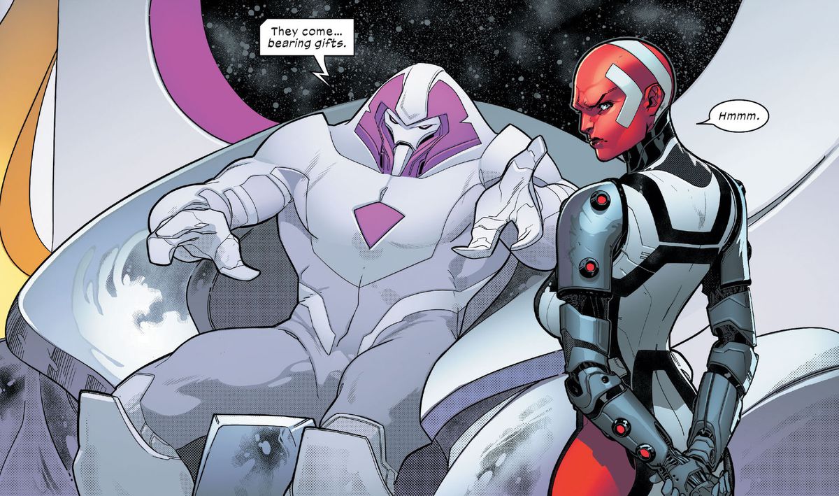 Nimrod and Omega Sentinel, two advanced Sentinel versions, in the potential future Human-Machine-Mutant War 100 years after our present, in Powers of X #1, Marvel Comics (2019).
