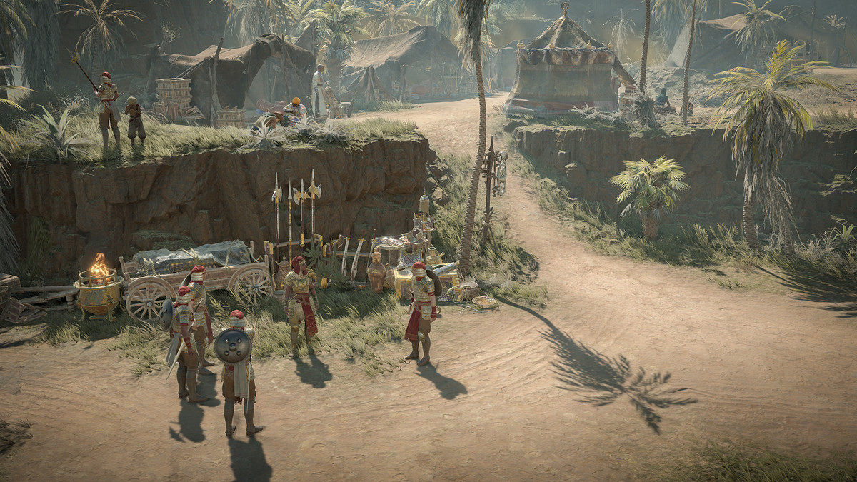 some Iron Wolves mercenaries stand around in a pleasant tropical camp in Diablo 4