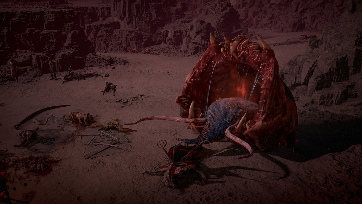 A big worm demon thing erupts from the ground in Diablo 4.