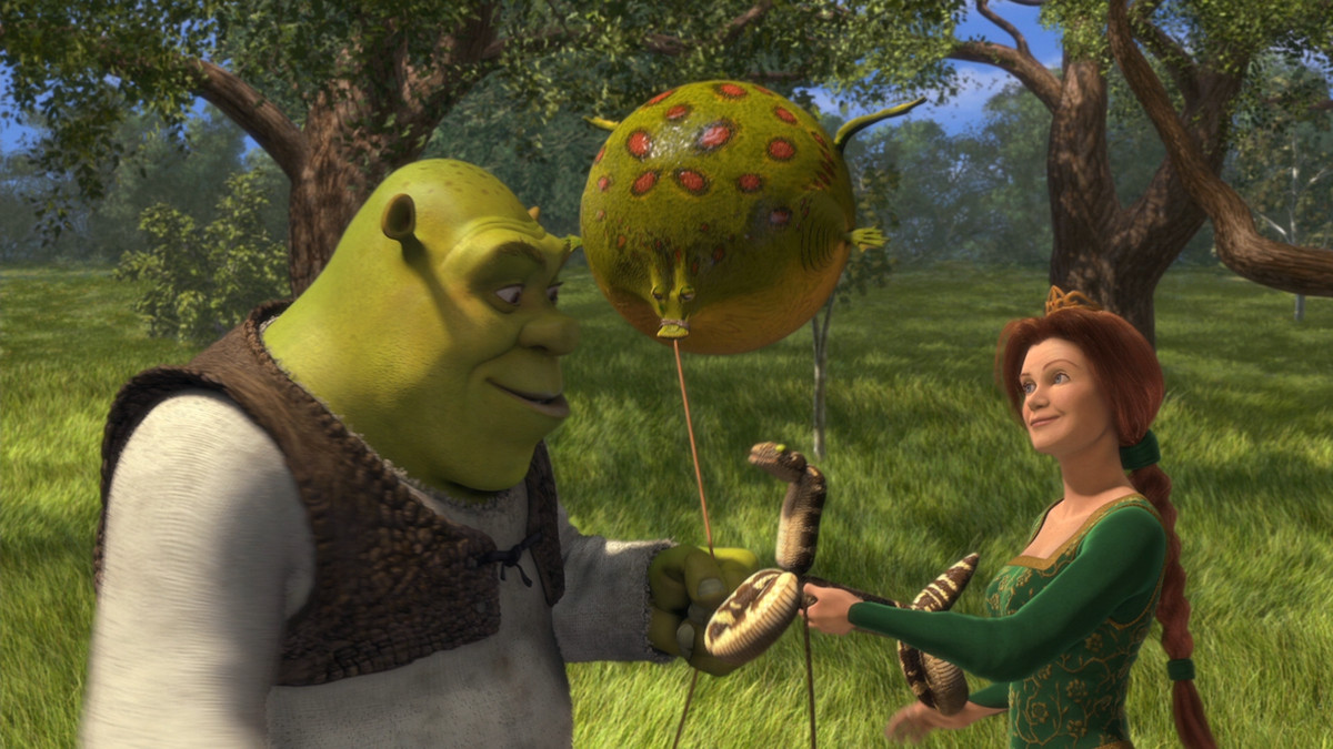 Shrek holding a frog blown up like a balloon