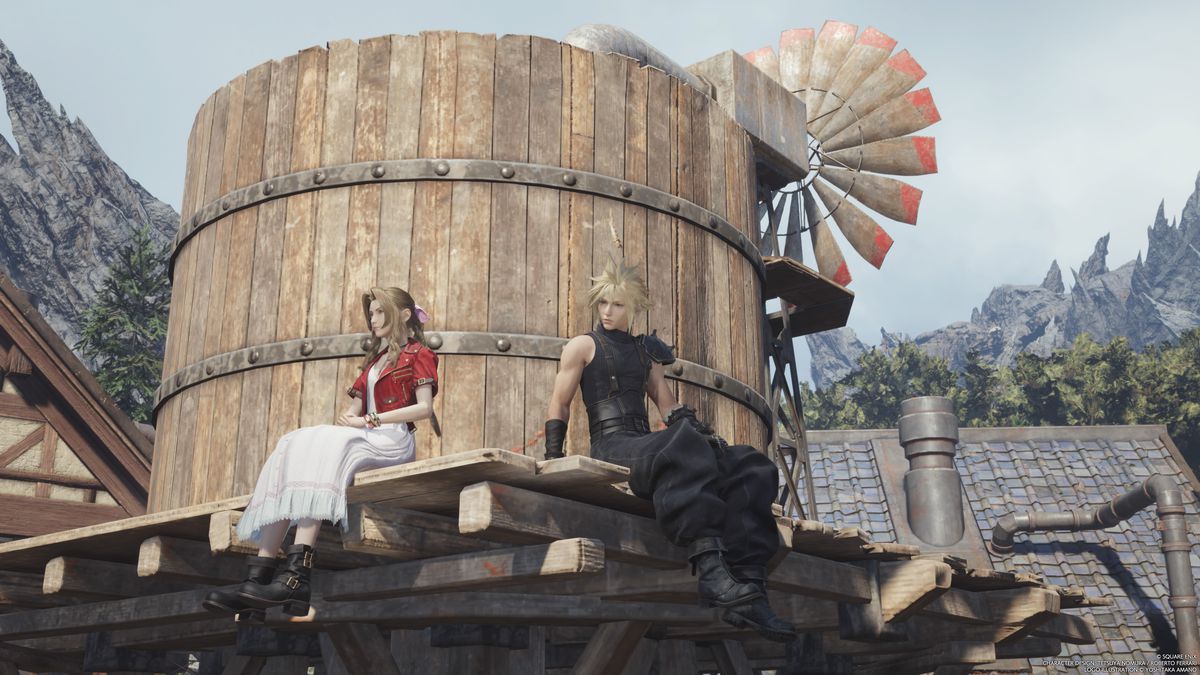 An image showing Aerith and Cloud sitting on a water tower in Final Fantasy 7 Rebirth. 