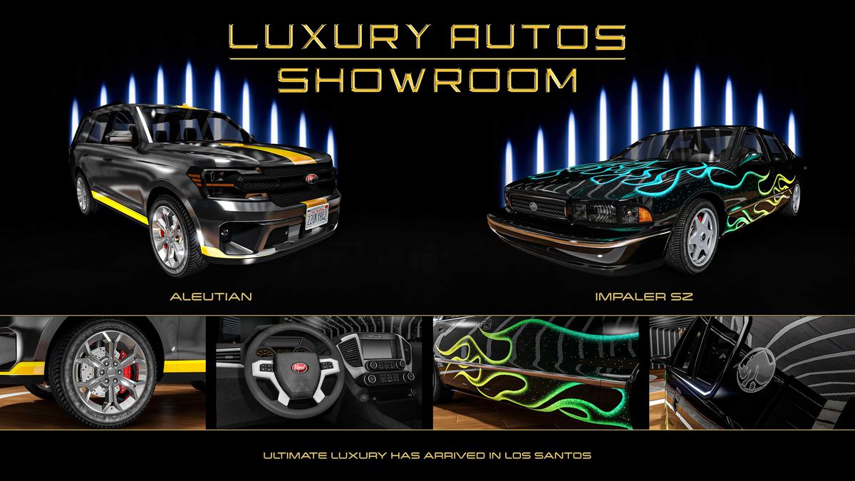 GTA Online promo art for vehicles for sale at Luxury Autos Showroom this week