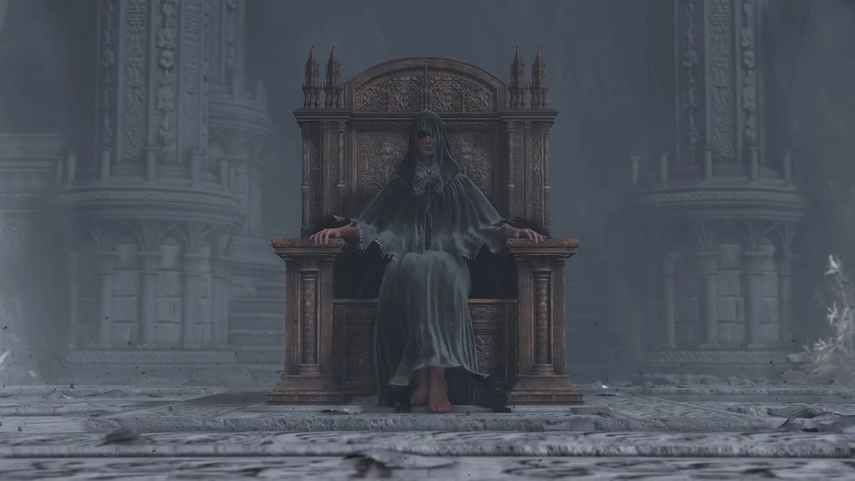 A Tarnished warrior wears Fia’s full armor as they sit on the Elden Lord throne in a screenshot from the ending of Elden Ring