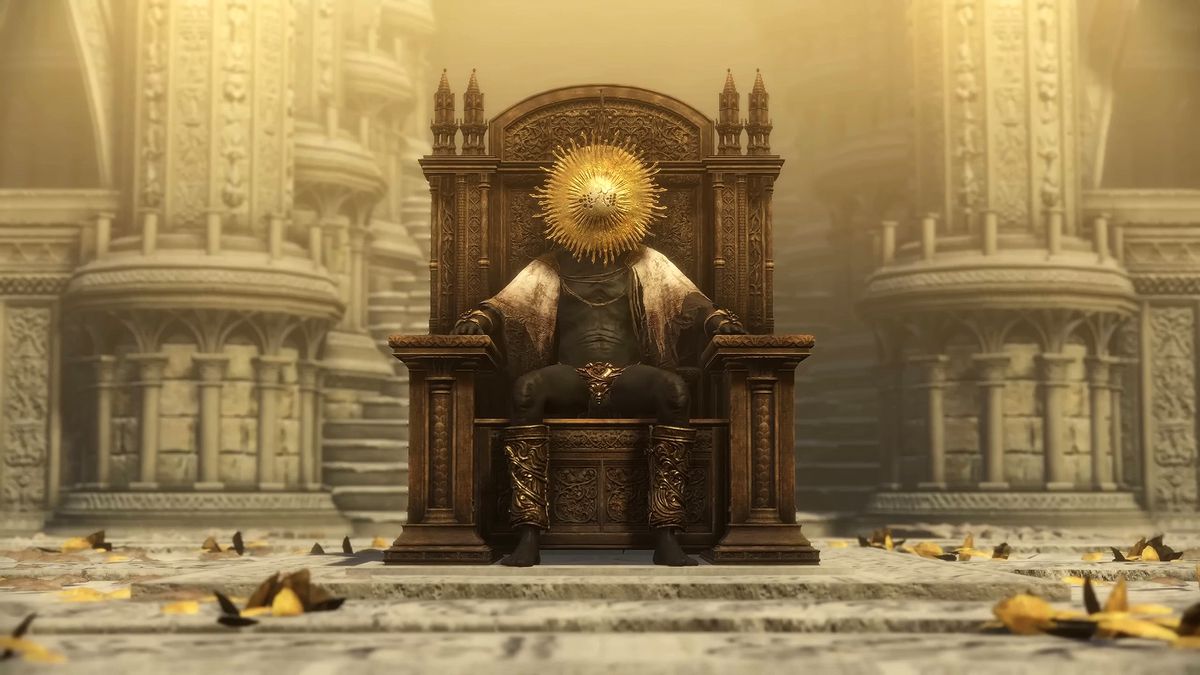 A Tarnished warrior wears Goldmask’s full armor as they sit on the Elden Lord throne in a screenshot from the ending of Elden Ring