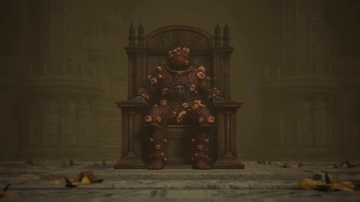 A Tarnished warrior wears the Dung Eater’s full armor as they sit on the Elden Lord throne in a screenshot from the ending of Elden Ring