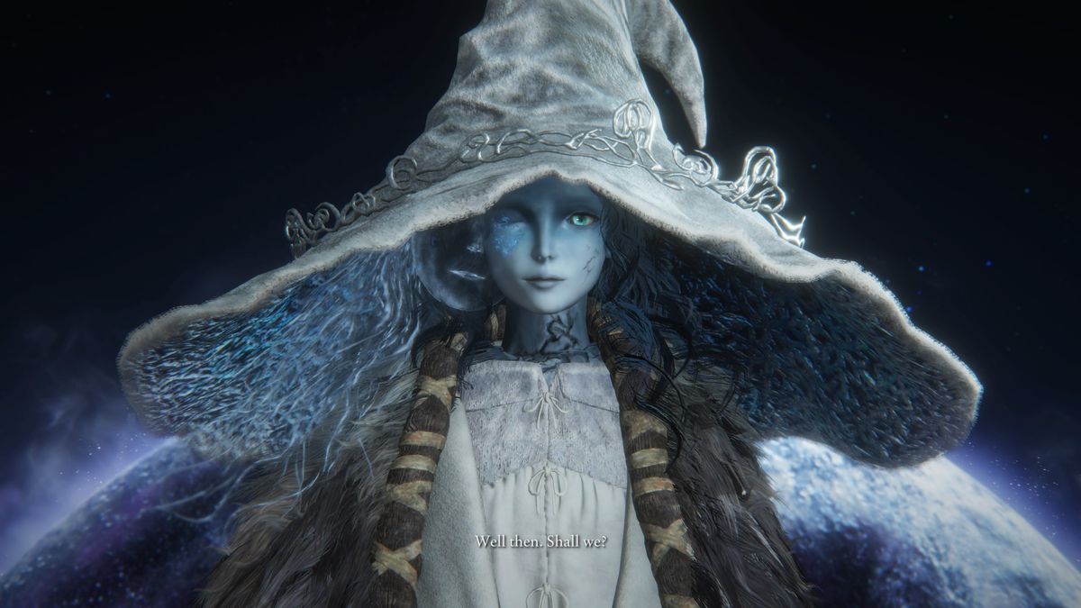 Ranni the Witch stands in front of a large moon in a screenshot from Elden Ring
