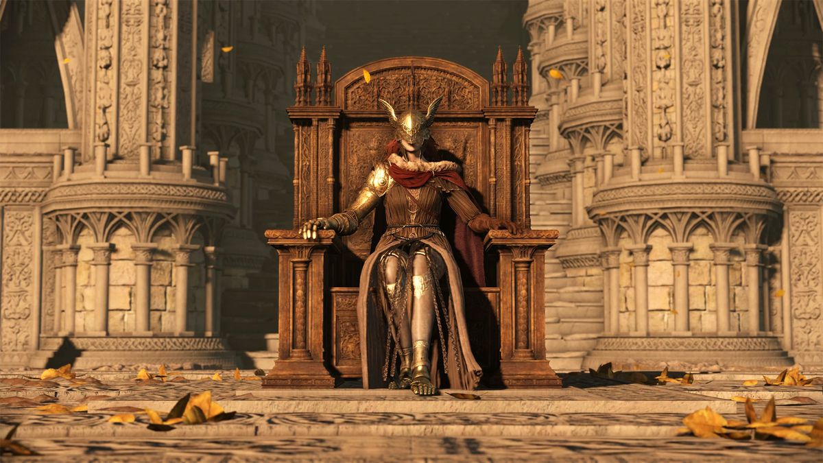 A Tarnished warrior wears the Malenia’s full armor as they sit on the Elden Lord throne in a screenshot from the ending of Elden Ring