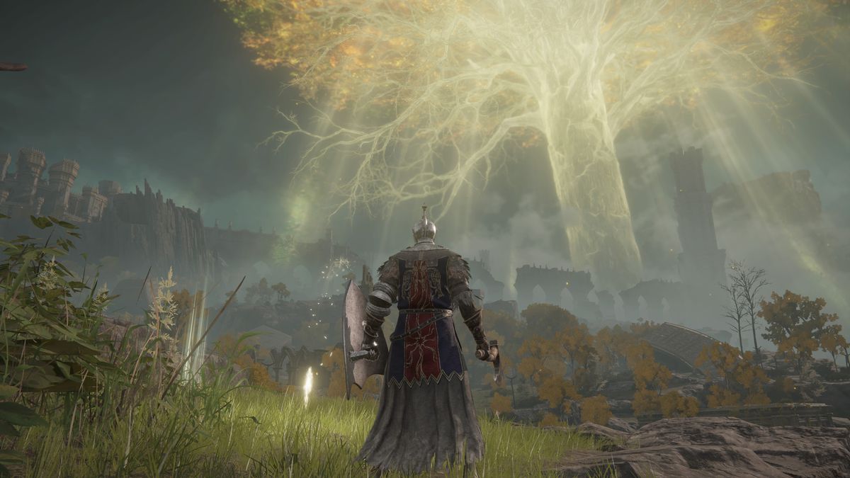 A Tarnished stands next to a Site of Grace and looks out on the Elden Tree in a screenshot from the starting area of Elden Ring