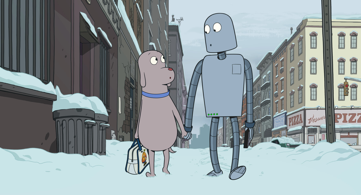 An animated dog and a robot walk hand-in-hand on a snowy sidewalk