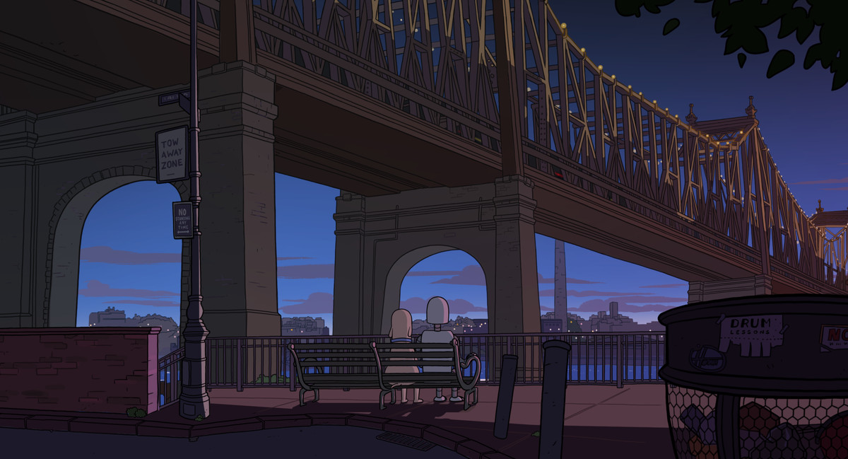 An animated robot and a dog sit under a bridge in New York City, looking at the sunset.