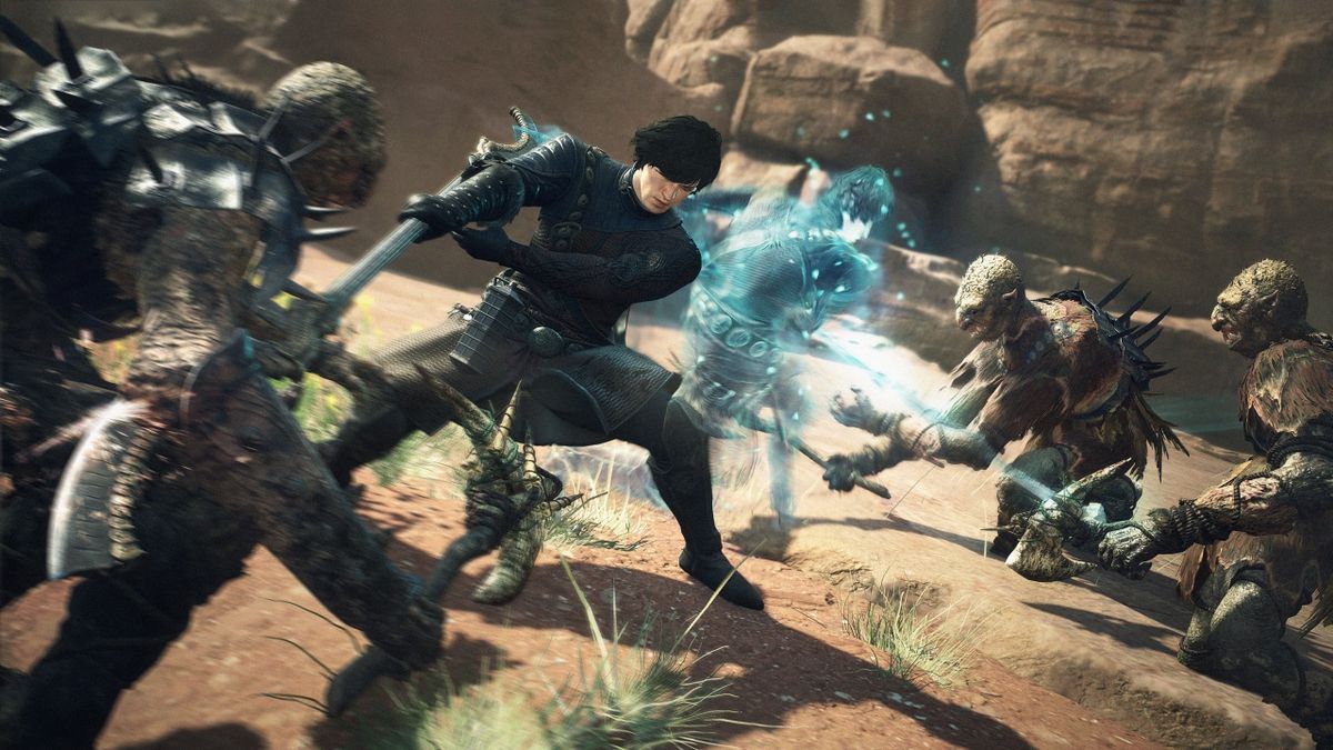 The Arisen fights some undead zombie soldier creature things in a desert by a cliff in Dragon’s Dogma 2.