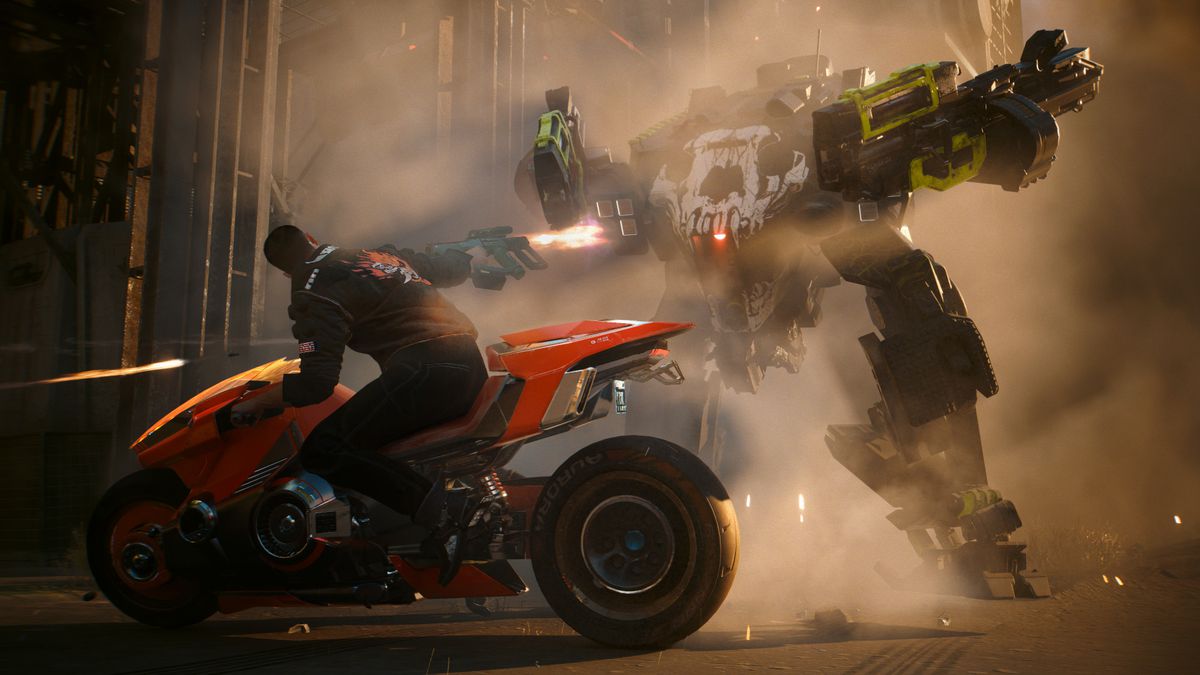 A screenshot of protagonist V firing a weapon at a Barghest armored trooper in Cyberpunk 2077’s Phantom Liberty expansion.