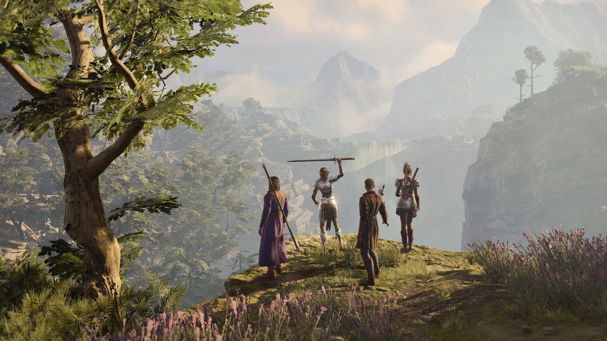 Four of the main characters in Baldur’s Gate 3 stand together on a cliffside, their backs to the camera, as though overlooking the adventure ahead