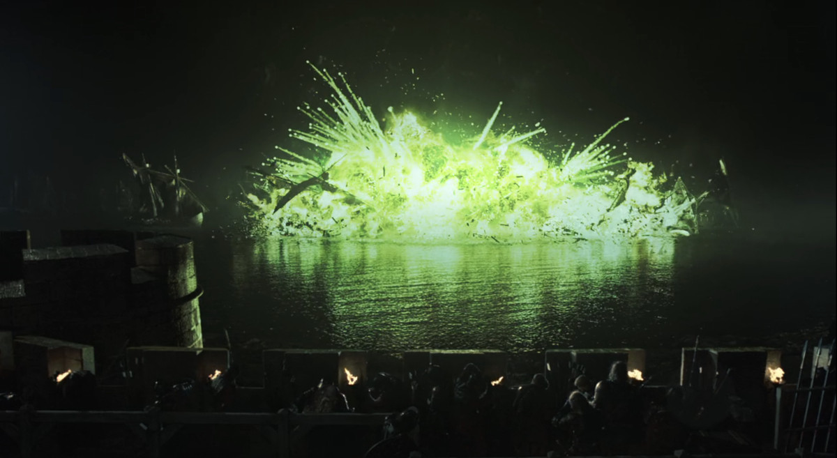 A wildfire explosion during the Battle of Blackwater Bay in season 2 of Game of Thrones