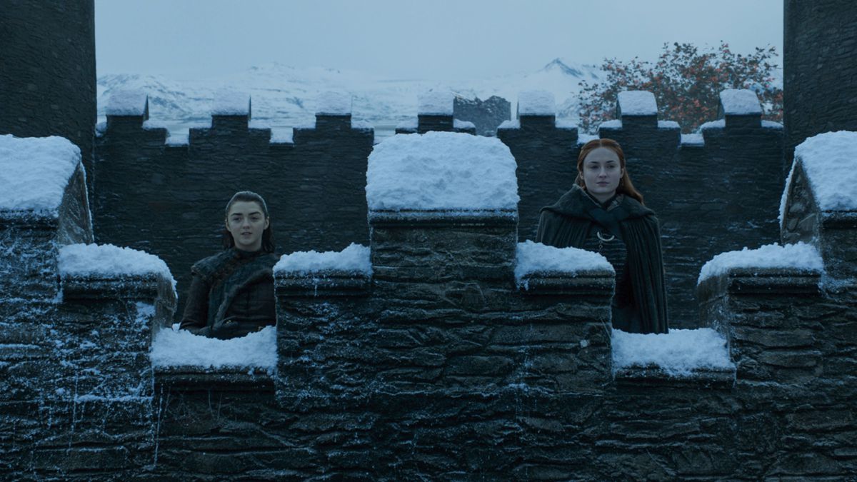 Arya (Maisie Williams) and Sansa (Sophie Turner) standing on a wall looking out 