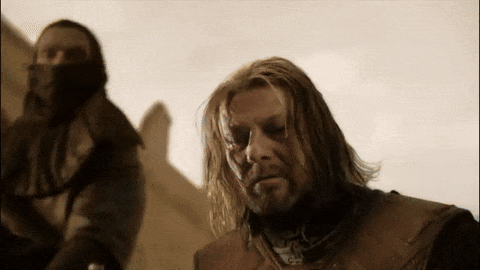 A gif of Ned Stark getting his head cut off in Game of Thrones; it cuts to Arya who’s distressed and looking up at birds flying overhead