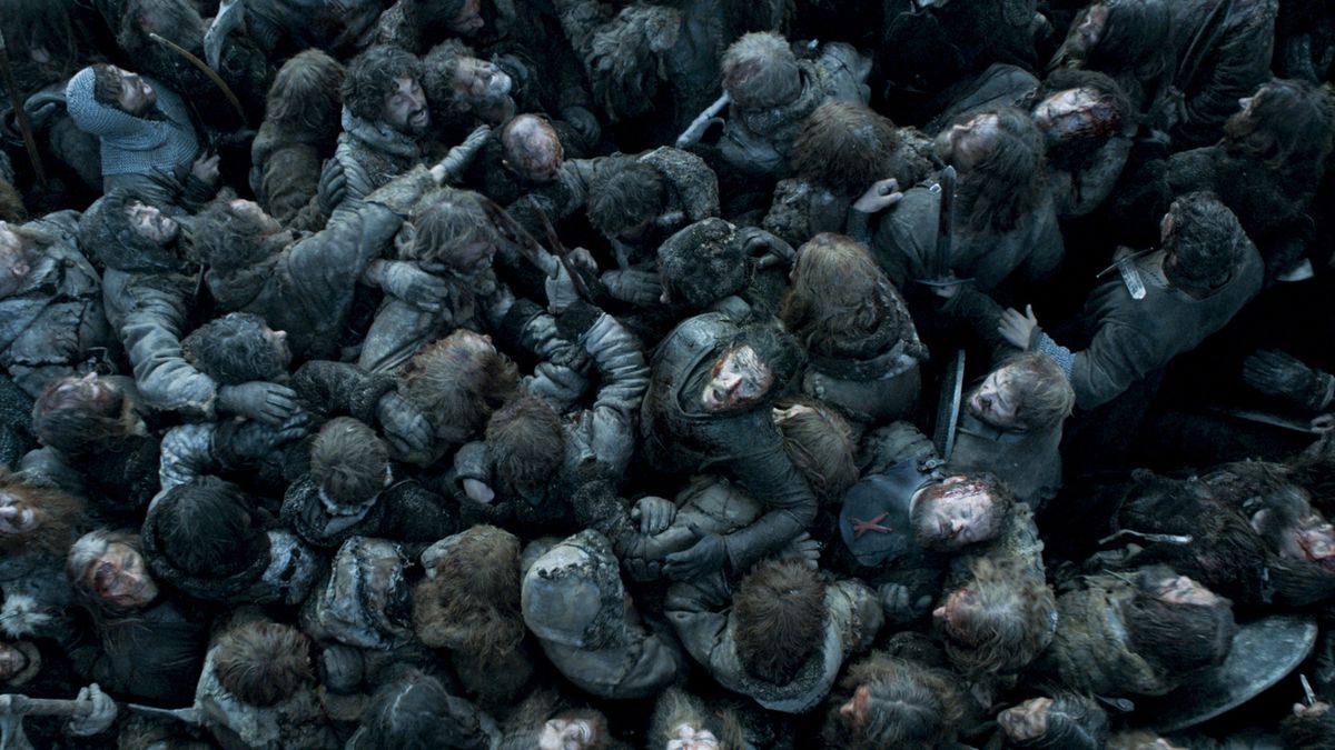 Jon Snow (Kit Harrington) trying to make his way out of a horde of people during the Battle of the Bastards